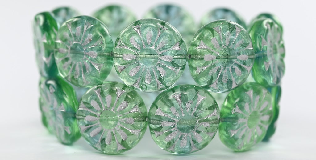 Flat Round With Flower Pressed Glass Beads, 57601 Silver Lined (57601-54201), Glass, Czech Republic