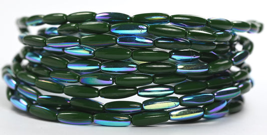 Olive Oval Pressed Glass Beads, Opaque Green Ab (53330-AB), Glass, Czech Republic