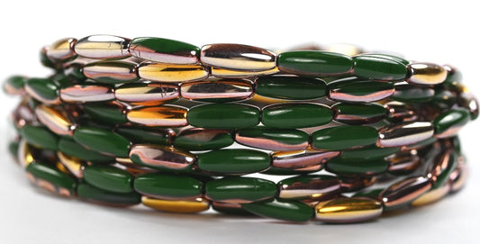 Olive Oval Pressed Glass Beads, Opaque Green Rose Gold Capri (53330-27101), Glass, Czech Republic