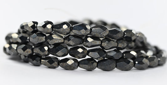 Faceted Special Cut Oval Fire Polished Beads, Black Hematite (23980-14400), Glass, Czech Republic