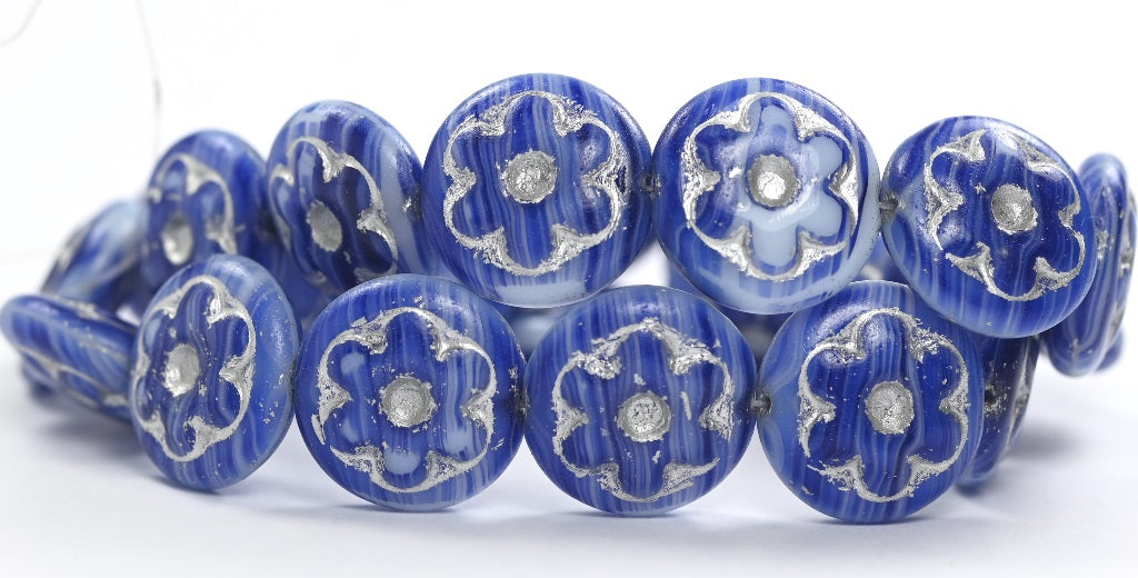 Round With Convex Flower Pressed Glass Beads, Opaque White Blue Striped Silver Lined (35000-54201), Glass, Czech Republic