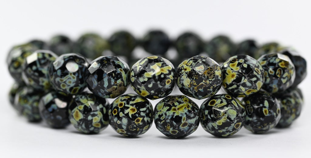 Fire Polished Round Faceted Beads Black Picasso (23980-43400), Glass, Czech Republic