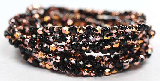 Fire Polished Round Faceted Beads Black Rose Gold Capri (23980-27101), Glass, Czech Republic