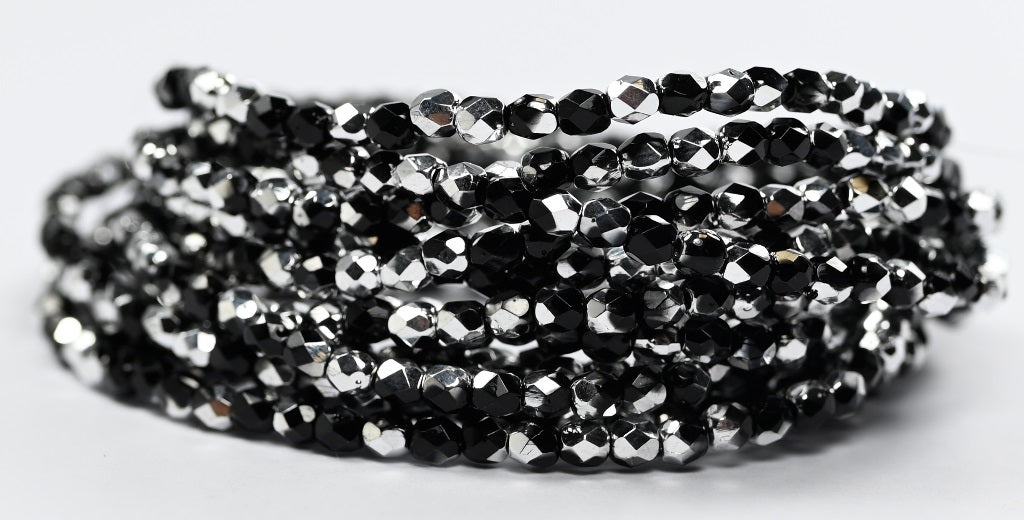 Fire Polished Round Faceted Beads Black Crystal Silver Half Coating (23980-27001), Glass, Czech Republic